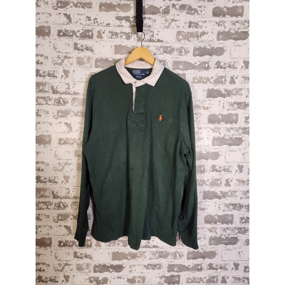 Polo Ralph Lauren Shirt Mens XL Green White Custom Fit Rugby Long Sleeve - Picture 1 of 16